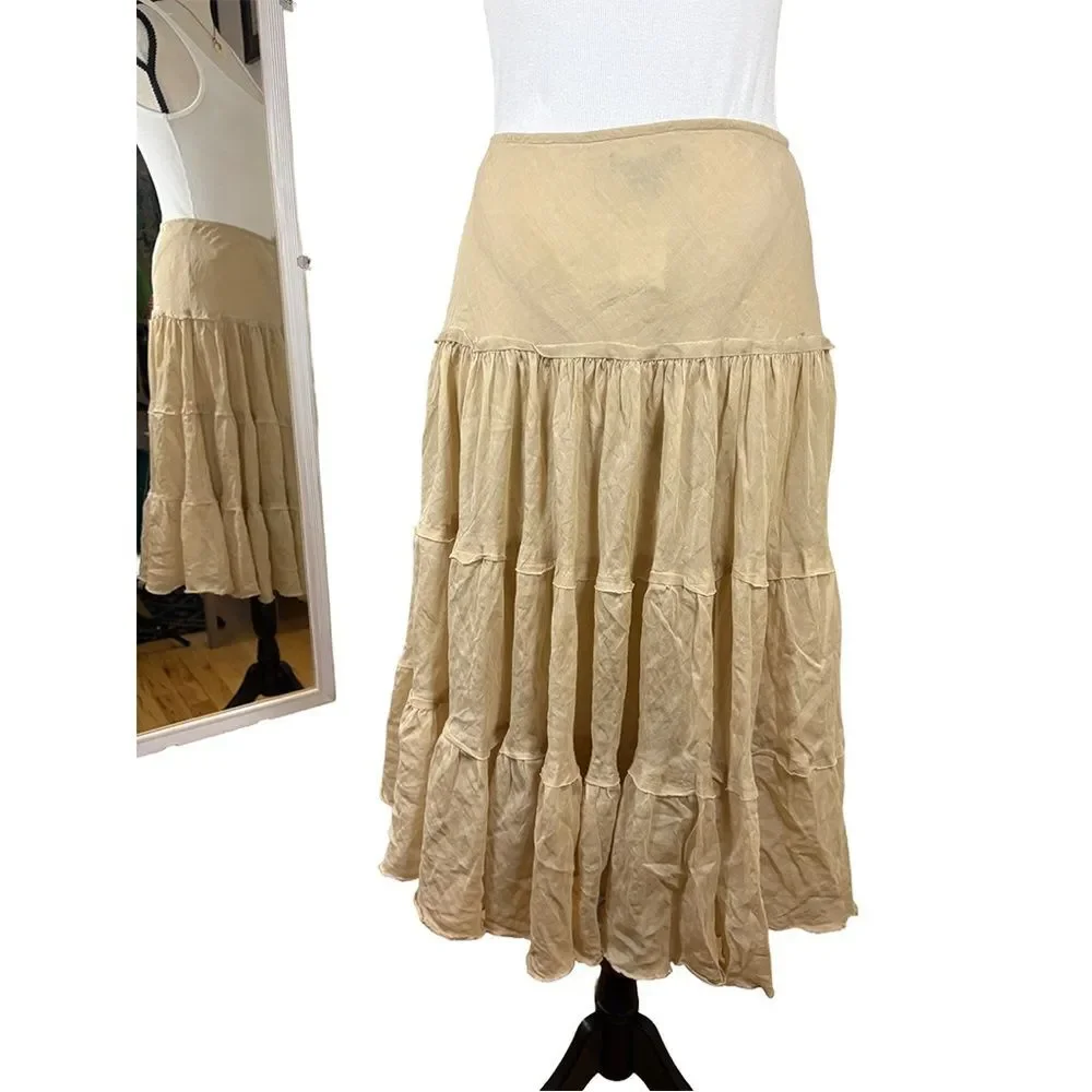 Express Tiered Silk & Cotton Skirt | Beaded Tie Waist | Size Medium | NWT